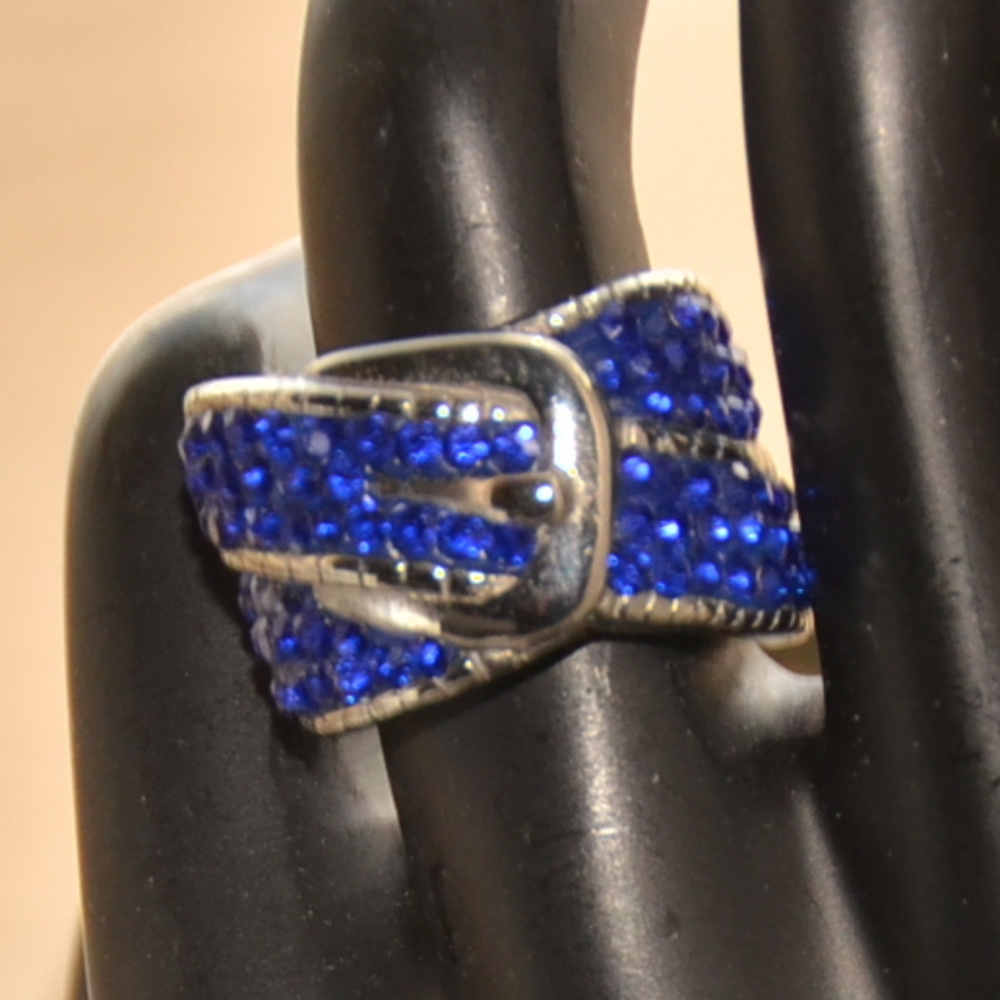 vintage blue rhinestone wide belt ring silver 5